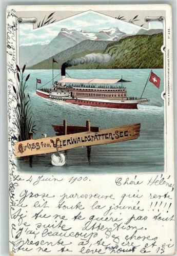 6000 Luzern Lucerne 1900 Lithographie Vierwaldstättersee Schwan Seitenraddampfer Helvetia Ort lt. Stempel