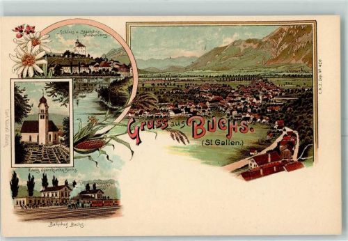 9470 Buchs SG Lithographie Schloss Städtchen Werdenberg Evangel. Pfarrkirche Buchs Bahnhof Buchs