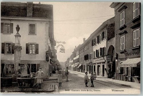 1844 Villeneuve VD Foto AK Denkmal Brunnen Geschäft Zunftzeichen