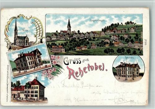 9038 Rehetobel 1899 BOAKC Lithographie Schulhaus Gupf Kirche Gebrauchsspuren, bitte Scan genau beachten!