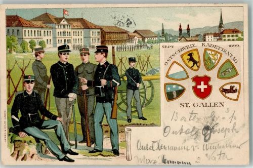 9000 St. Gallen S. Gallo 1899 Lithographie Uniform Kaserne Ostschweiz. Kadettentag Wappen Kantone