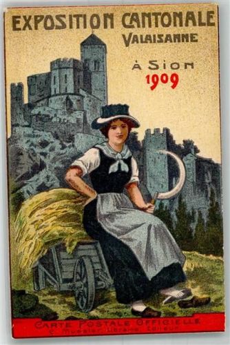 1950 Sion Sitten 1909 Gebrauchsspuren Kantonale Ausstellung Tracht Burg Lithographie