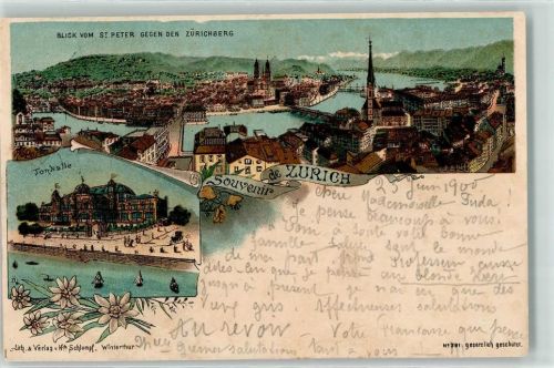 8000 Zürich 1900 Lithographie Zürichberg Kirche Tonhalle Schiff Boot Blumen Brücke
