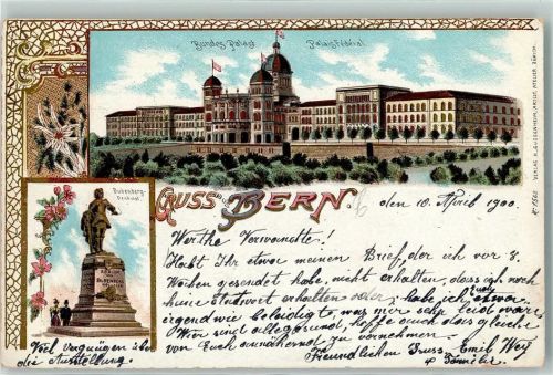 3000 Bern Berne 1900 Lithographie Bundes-Palast Palais Fédéral Bubenberg-Denkmal