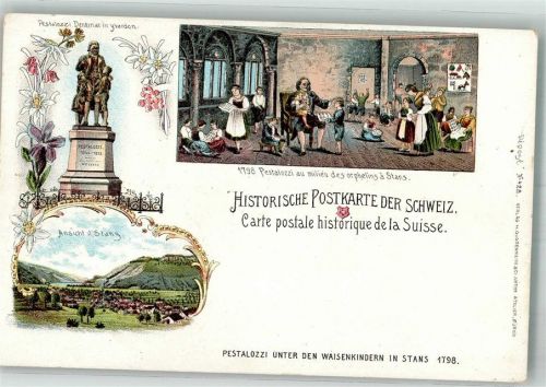 6370 Stans Lithographie Historische Postkarte Schweiz Denkmal Pestalozzi unter den Waisenkindern 1798
