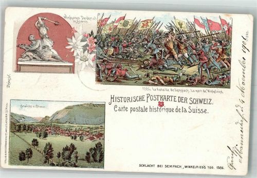 6204 Sempach Lithographie Historische Postkarte Schweiz Schlacht bei Sempach 1386 Denkmal Winkelried