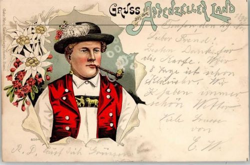 9053 Teufen AR 1899 Lithographie Tracht Pfeife Appenzellerland Ort lt. Stempel