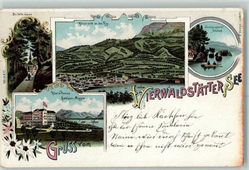6403 Küssnacht am Rigi 1901 Lithographie Die hohle Gasse Vierwaldstätter See Inselgruppe Altstad Hotel Pension Gotlieb Maggen