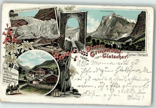 3818 Grindelwald 1897 Lithographie Hotel Wetterhorn Oberer Grindelwald Gletscher Gletscherhöhle