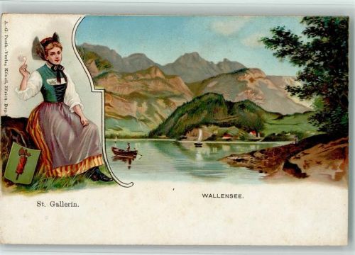8880 Walenstadt Lithographie Wallensee Tracht St. Gallen