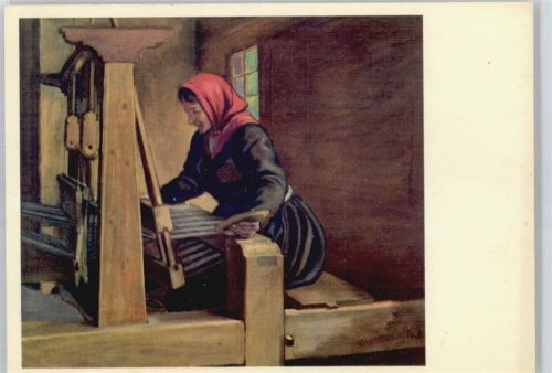 Künstlerkarte, Frau am Webstuhl Pro Infirmis Schweiz