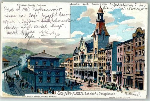 8200 Schaffhausen Sciaffusa 1903 Lithographie sign. Steinmann, C. Bahnhof Postamt Straßenbahn Künstler-Postkarte