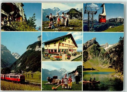Alpstein - Seilbahn Kuh Ruderboot Eisenbahn Alphornbläser Trachten