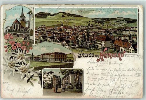 9100 Herisau 1898 Gebrauchsspuren Kirche Kaserne Edelweiss Lithographie