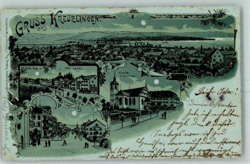 8280 Kreuzlingen 1898 Lithographie / Mondschein Gruss aus Hotel Löwen AK