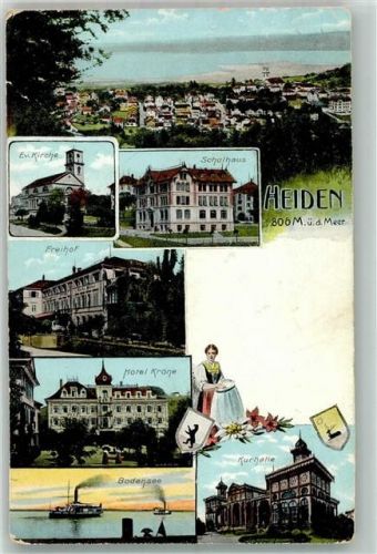9410 Heiden 1909 Gebrauchsspuren Ev. Kirche Schulhaus Hotel Krone Freihof Tracht