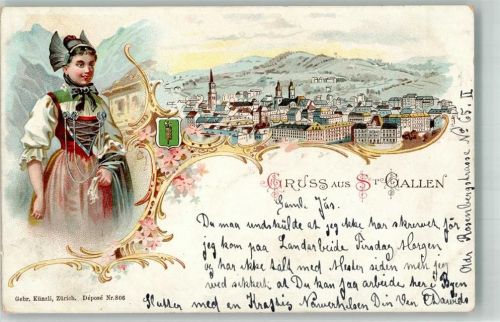 9000 St. Gallen S. Gallo 1900 Lithographie Tracht Frau Wappen