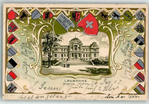 1000 Lausanne Losanna 1902 Lithographie / Prägedruck Tribunal Féderál Wappen Passepartout Bahnpost Nr 1