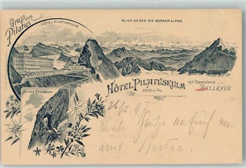 6010 Kriens 1897 Lithographie Hotel Pilatuskulm mit Dependance an der Eselwand Blick gegen die Berner Alpen