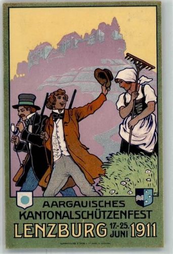 5600 Lenzburg 1911 Künstlersteindruck Aargauer Kantonalschützenfest