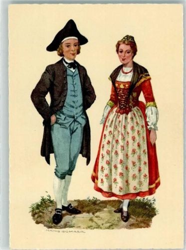 Künstlerkarte Kleidung Tracht 18. Jhdt. sign. H. Schaer