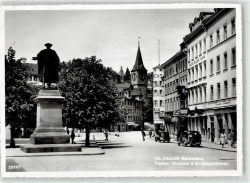 9000 St. Gallen S. Gallo - Vadian Denkmal Marktplatz St.Mangen Kirche Metzgerei Handlung Sonderstempel Pferdesporttage 1956