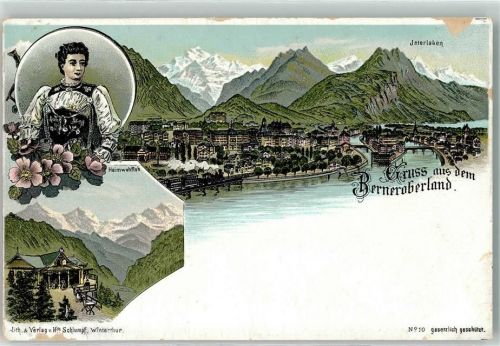 3800 Interlaken Gebrauchsspuren Gruss vom berneroberland Eisenbahn Tracht Heimwehfluh Kirche Lithographie