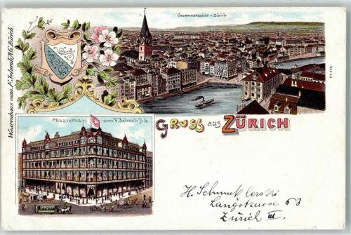 8000 Zürich 1899 Lithographie Warenhaus vorm. F. Jelmoli AG Wappen Pferdestraßenbahn