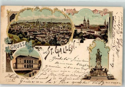 9000 St. Gallen S. Gallo 1899 Lithographie Kloster Monumentalbrunnen Museum Verlag Künzli Nr 825