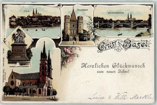 4000 Basel Bâle 1898 Gebrauchsspuren Pfalz Denkmal der Stadt Strassburg Münster Spalentor Wettsteinbrücke