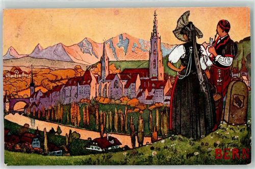 3000 Bern Berne 1910 Künstlerkarte sign Ad. Fiscke Trachtenpaar Pfeife Werbung Hotel de France & Terminus A. Eleury