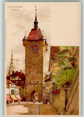 5400 Baden 1903 Lithographie / Künstlerkarte Nr. 34 - Stadtturm AK