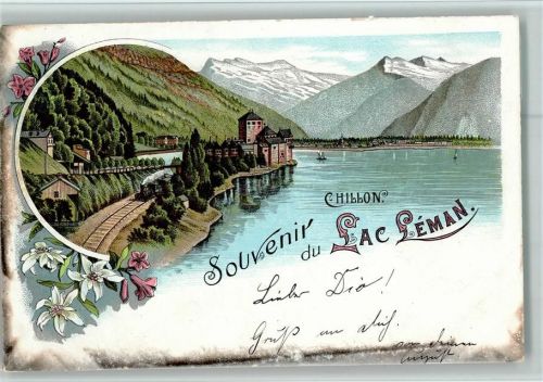 Chillon Chateau Lithographie Gruss aus - Lac Leman, Eisenbahn, Ränder oxidiert