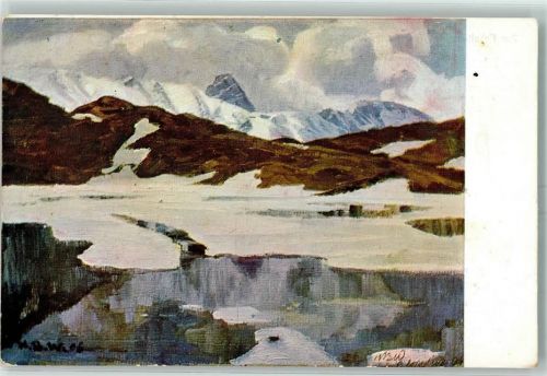 Bernina Künstlerkarte See am Bernina im Frühling sign Hans Beat Wieland Nr 9 Rückseite Los-Nummer 43053