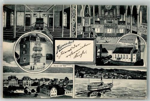 8708 Männedorf 1909 Foto AK ref. Kirche innen Dampfschiff