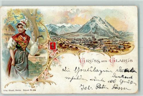 8750 Glarus 1899 Lithographie Tracht Wasserkrug