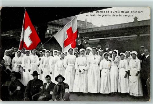 1200 Genève Genf 1915 Gebrauchsspuren Dames de la Croix-Rouge attendant un train de grands blesses francais Fahne Ort lt. Stempel