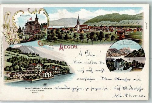 Aegerisee Lithographie Waldheim Sanatorium für Kinder von Dr. Hürlimann Aegensee vom Kindersanatorium aus
