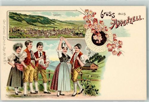 9050 Appenzell Lithographie Trachten Volkstanz Blüten