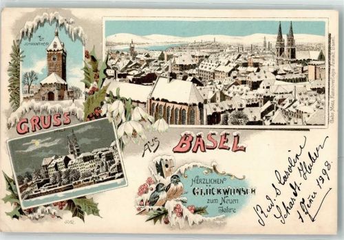 4000 Basel Bâle 1898 Gebrauchsspuren St. Johannthor Pfalz Glückwunsch Neujahr Winterlithographie