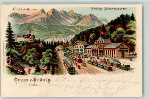 3860 Brünig 1901 Lithographie Gasthaus Bahnrestaurant Bahnhof Eisenbahn Kurhaus