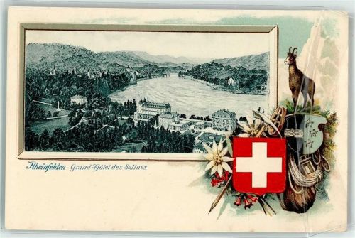 4310 Rheinfelden Lithographie / Prägedruck Grand-Hotel des Salines Wappen Gämse Wanderrucksack Pickel Edelweiss Passepartout Falten durch Kartenhülle