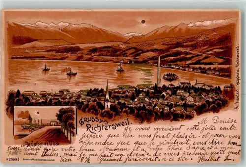 8805 Richterswil 1901 Lithographie / Mondschein Dampfschifflande