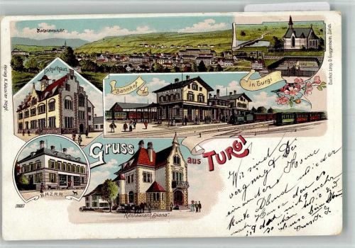 5300 Turgi 1904 BOAKC Bahnhof Gasthaus Diana Schule Lithographie