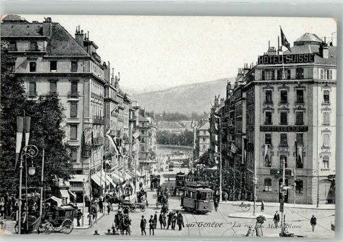 1200 Genève Genf 1911 Foto AK Hotel Suisse Straßenbahn La rue du Mont böanc