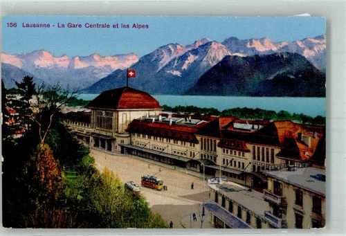 1000 Lausanne Losanna Foto AK Bahnhof Straßenbahn et les Alpes