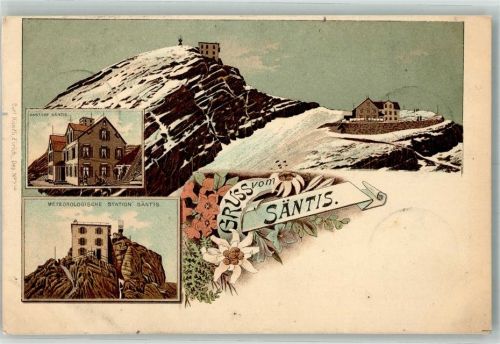 Säntis 1898 Lithographie Wetterstation Hotel Gasthaus Säntis Winter