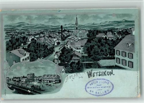 8620 Wetzikon ZH 1900 BOAKC Lithographie/Mondschein Bahnhof Eisenbahn Gebrauchsspuren, bitte Scan genau beachten!