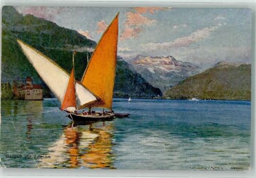 Genfersee Lac Leman Künstlerkarte Barke sign. Stein