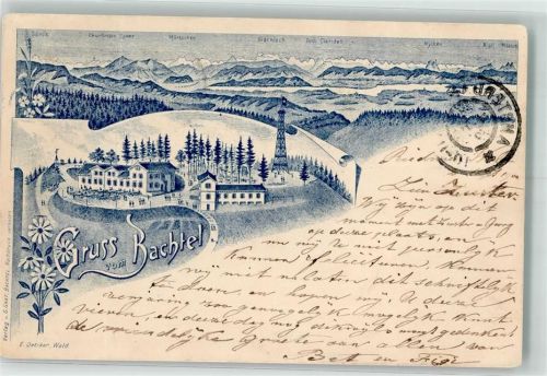 8340 Hinwil 1900 Gebrauchsspuren Gasthaus Gruss vom Bachtel Lithographie leichter Mittelbug